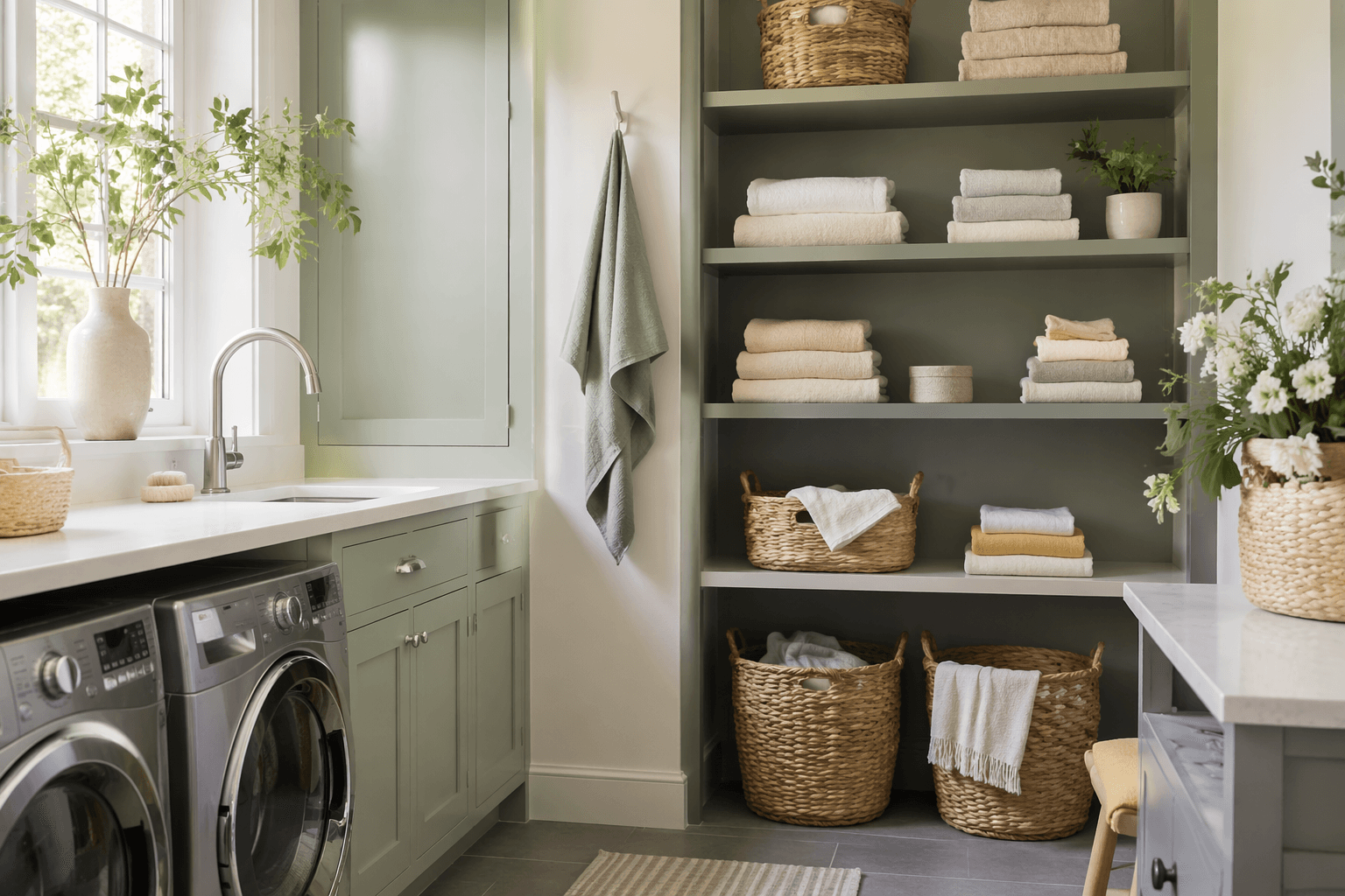 A tidy, organized home utility room corner with folded textiles