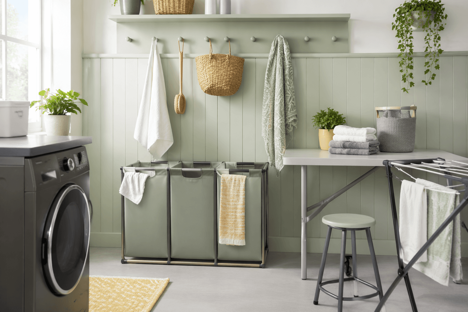 A bright, organized laundry room with sorting hampers, a peg rail and a fold-flat drying rack